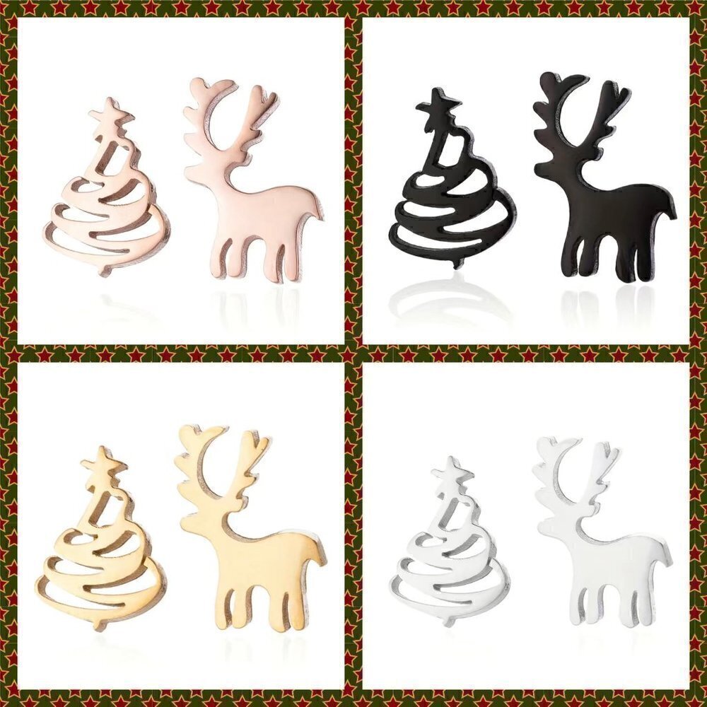 Tiny Reindeer and Christmas Tree Stainless Steel Stud Small Earrings #1144